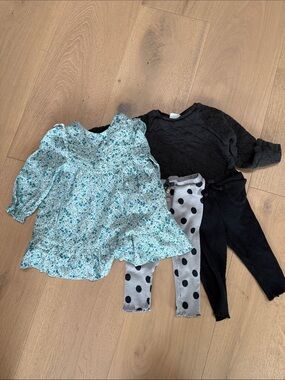 Zara Toddler Floral Dress (NWT) with Black Sweatshirt and Polka Dot Leggings Set